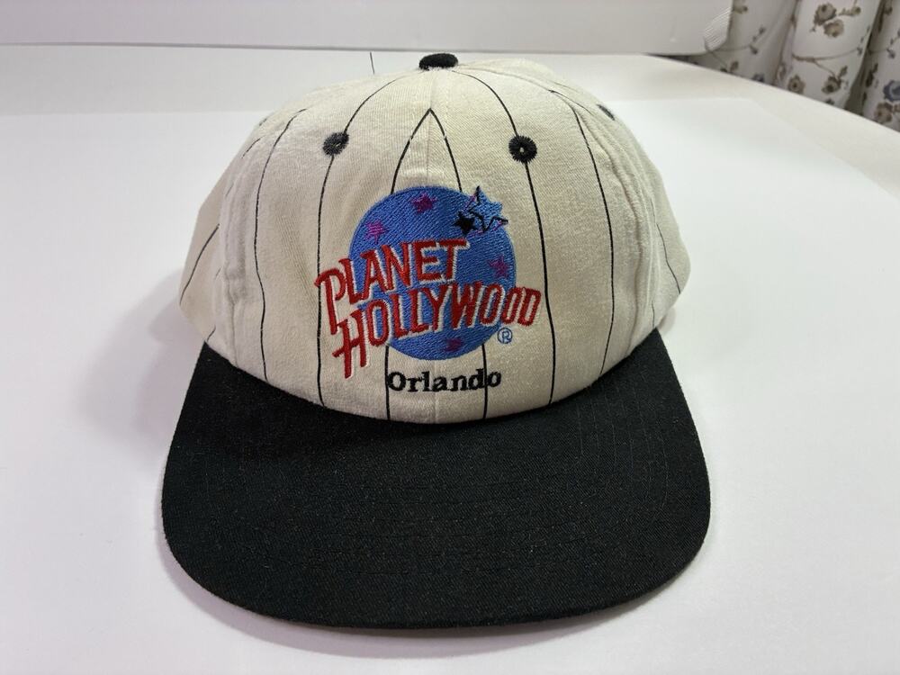 Vintage Disney Planet Hollywood Orlando Snapback Hat Cream Pinstripe 90s